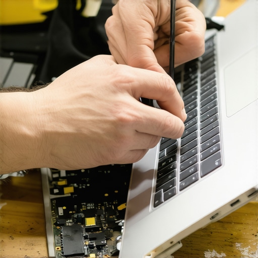 Technician delicately disconnecting MacBook display cable during repair process.