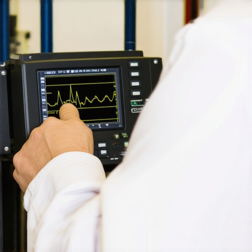 A technician calibrating a digital oscilloscope to ensure accurate diagnostics.