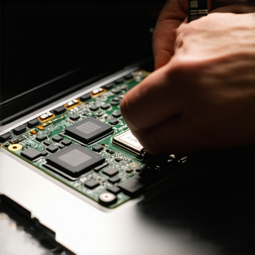 Technician repairing a laptop motherboard with specialized screwdrivers and anti-static wristband.