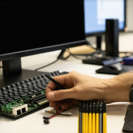 A technician performs hardware diagnostics with specialized tools on a computer in a clean, professional setting