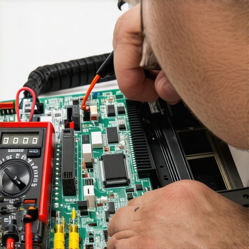 Professional Hardware Diagnostic Tools in Action Technician testing computer hardware with multimeter and diagnostic equipment