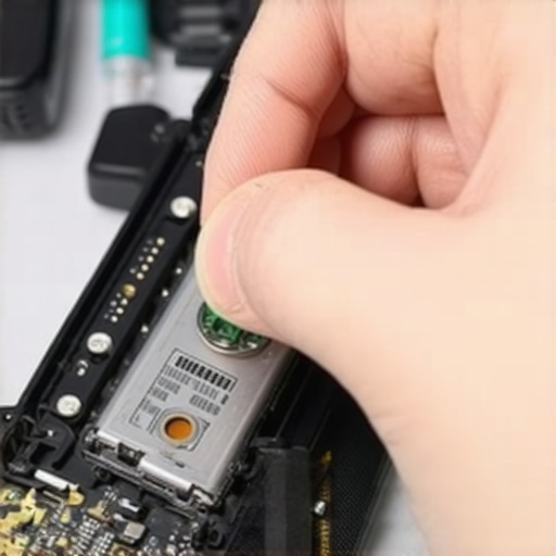Person using tweezers to remove and replace CMOS battery inside a laptop
