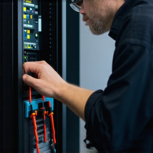 Technician using diagnostic tools on server hardware during a routine maintenance check.