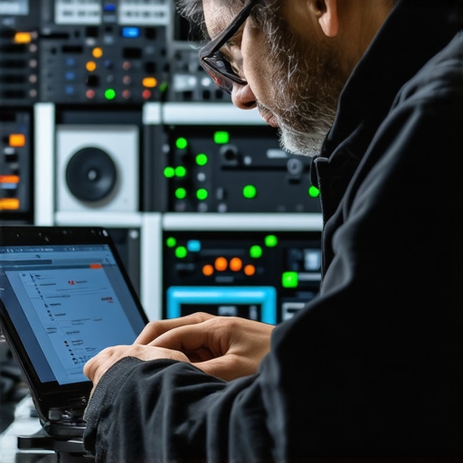Technician analyzing computer hardware with diagnostic software