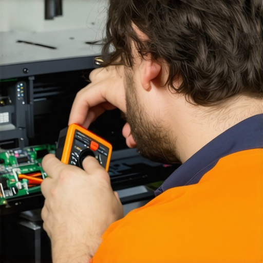 Technician measuring voltage output of a PC power supply using multimeter