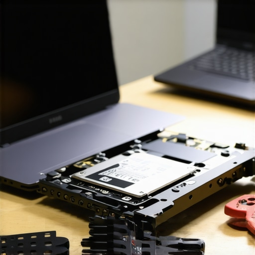 Technician performing firmware update on SSD using a laptop and utility tool.