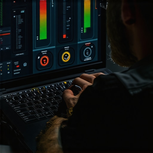 Technician analyzing laptop health with monitoring software.