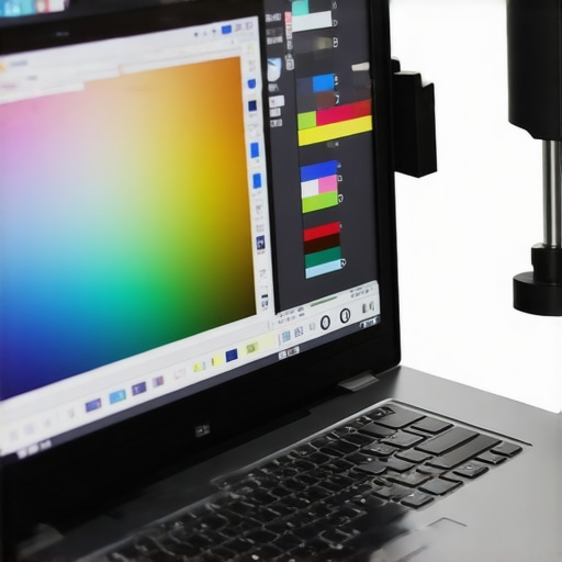 A colorimeter device calibrating a laptop screen in a modern repair shop.