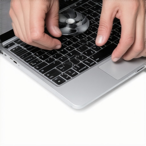Technician using compressed air to remove dust from a laptop's internal fans.