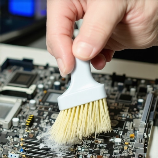 Person cleaning a motherboard with a soft brush and compressed air