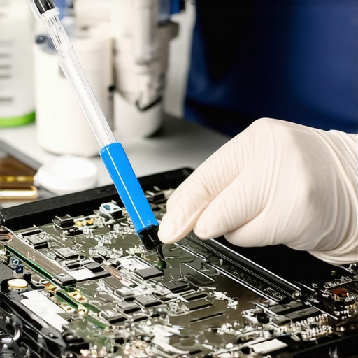 Technician carefully cleaning a laptop motherboard with alcohol to remove corrosion