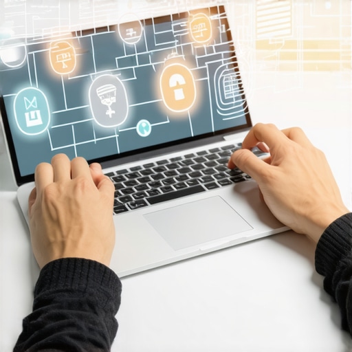 Illustration of cybersecurity measures including a laptop, network security icons, and a shield