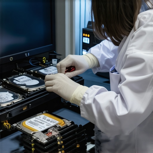 Technician performing data recovery from a hard drive using specialized tools.