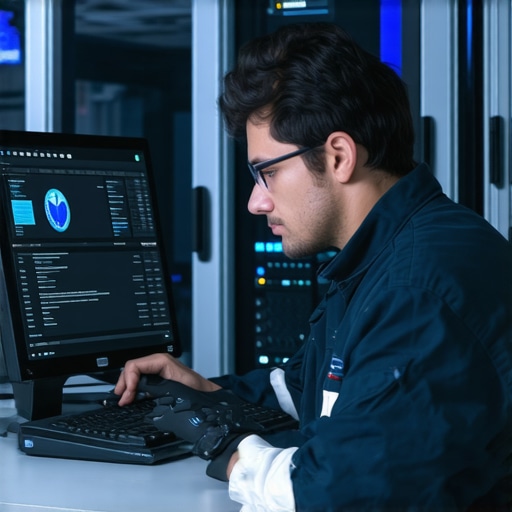 Technician performing data recovery on a computer with server racks in the background.