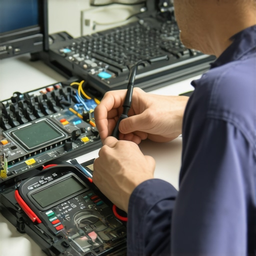 Technician inspecting computer hardware with specialized diagnostic tools
