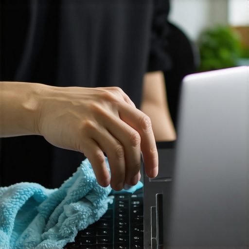 Drying a laptop after coffee spill Person drying a laptop with a microfiber cloth after coffee spill