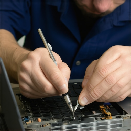 Expert Laptop Repair in Action Technician repairing a laptop's internal components with precision tools