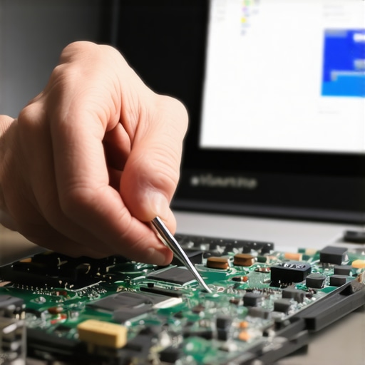 Technician carefully working on a laptop with precision tools and software