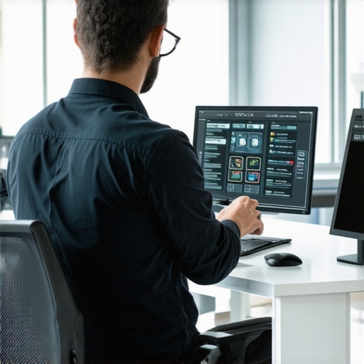 Firewall Testing in Action IT specialist testing firewall security with cybersecurity tools in an office