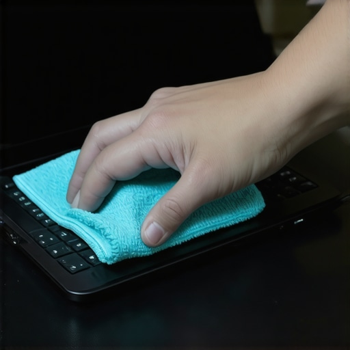 Person carefully cleaning a laptop display with a microfiber cloth