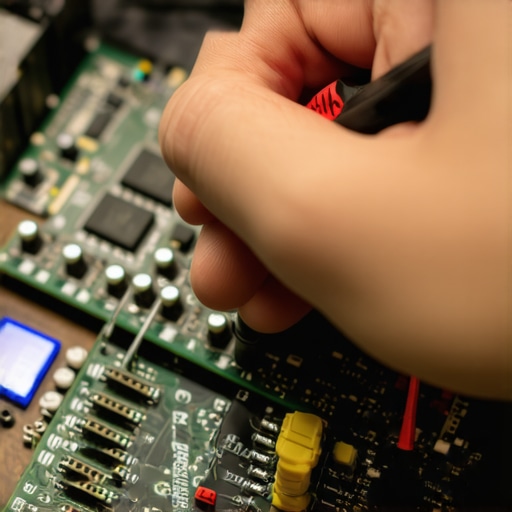 Technician testing computer hardware with multimeter during maintenance