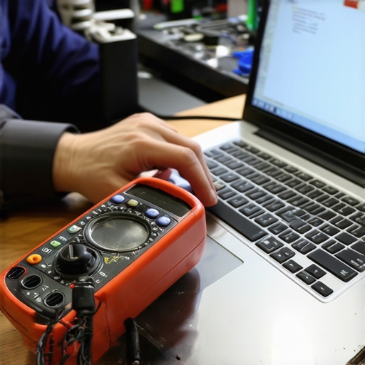 Hardware Monitoring in Action Technician testing computer hardware with a multimeter and monitoring tools in a repair facility.