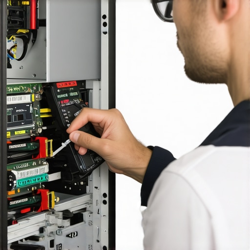 Technician repairing a computer with diagnostic tools and tools laid out on a workbench.