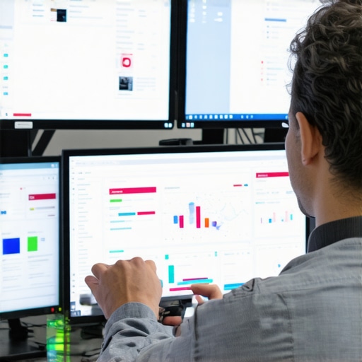 A technician monitoring multiple screens displaying network performance graphs and alerts.