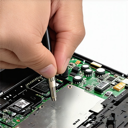 Close-up of technician examining a laptop's internal display connector during repair.