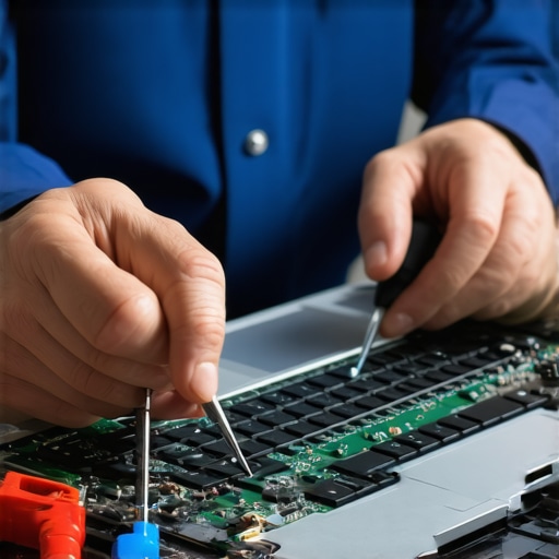 Technician reseating internal RAM modules inside a laptop.