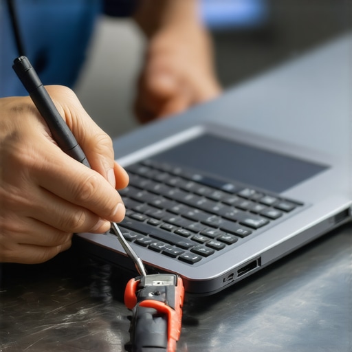 Technician inspecting a laptop's charging port with small tools