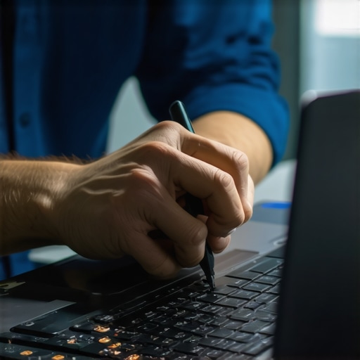 Technician repairing laptop involving data recovery procedure