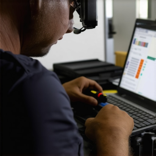 Technician performing hardware diagnostics with specialized tools on a laptop