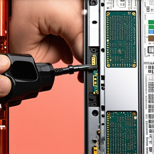 A technician carefully reconnects the display ribbon cable inside a laptop during repair.