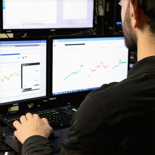 Technician performing hardware diagnostics on a laptop with monitoring software