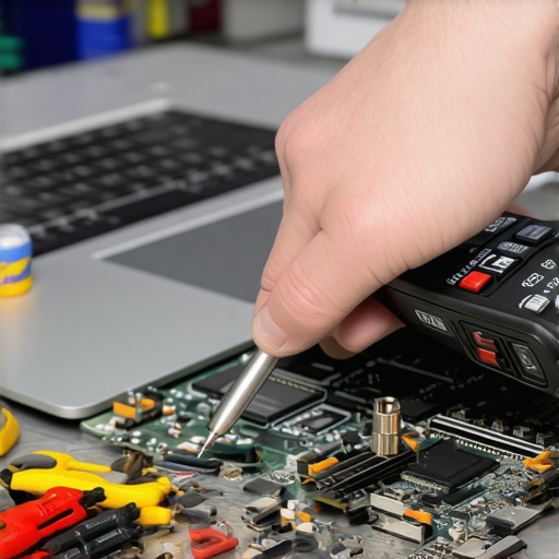 Technician measuring voltage on a laptop motherboard with a multimeter