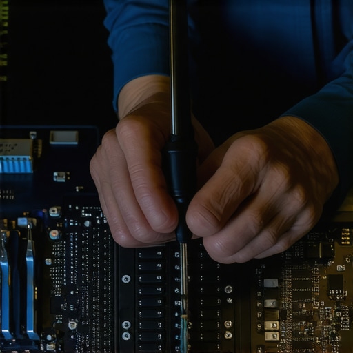 Technician inspecting internal laptop components during repair.