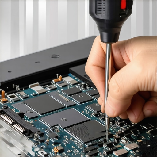 Technician carefully repairing a laptop with high-quality screwdriver.