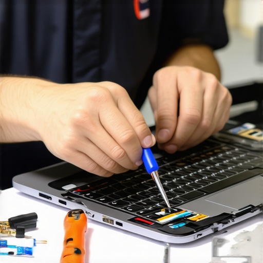 Technician repairing a laptop screen with tools and replacement parts.