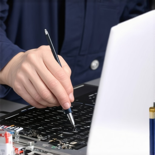 Technician repairing laptop touchpad with screwdriver and parts laid out