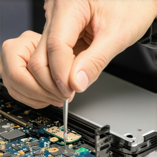 Technician repairing a laptop hinge with precision tools during a repair process.