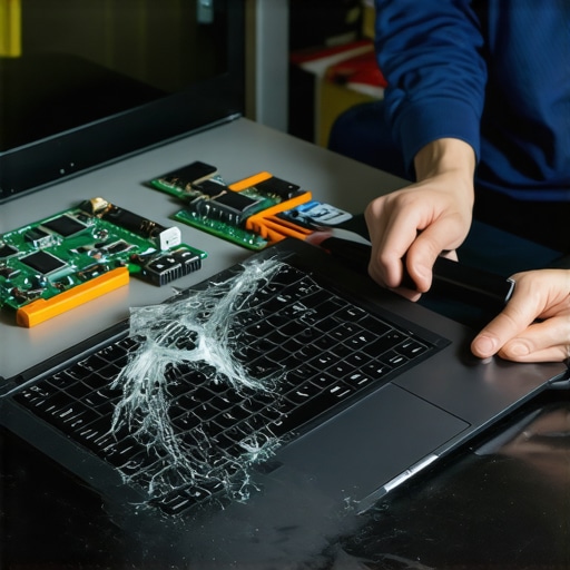 Laptop screen repair process with tools and technician Technician replacing a laptop screen in a workshop
