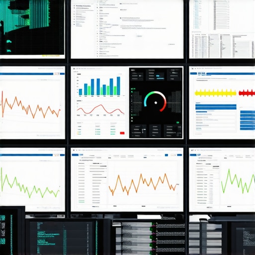 A network administrator analyzing security traffic on multiple computer screens with graphs and alerts.