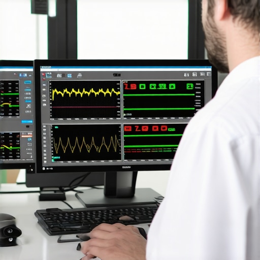 A technician monitoring network performance dashboards on a computer screen.