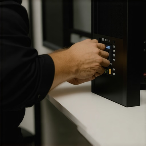 Electrician installing surge protector and UPS on a computer desk
