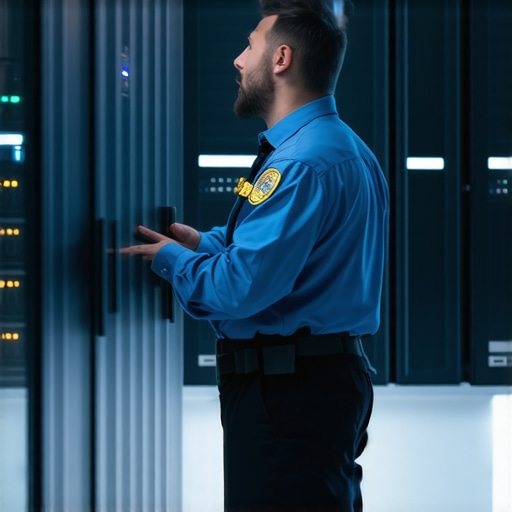 A security professional checking server room locks and security devices in an office