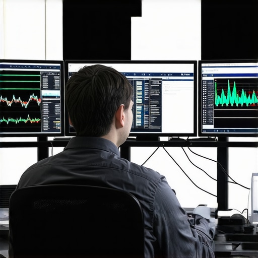 Proactive IT Maintenance in Action IT technician overseeing system performance and hardware health on multiple monitors