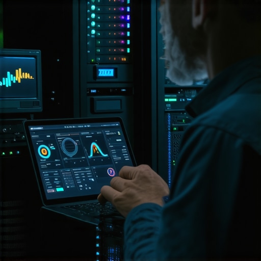 Technician analyzing server performance with diagnostic tools in a data center.