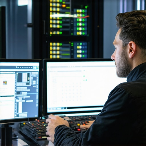 Technician using system monitoring software to track server performance