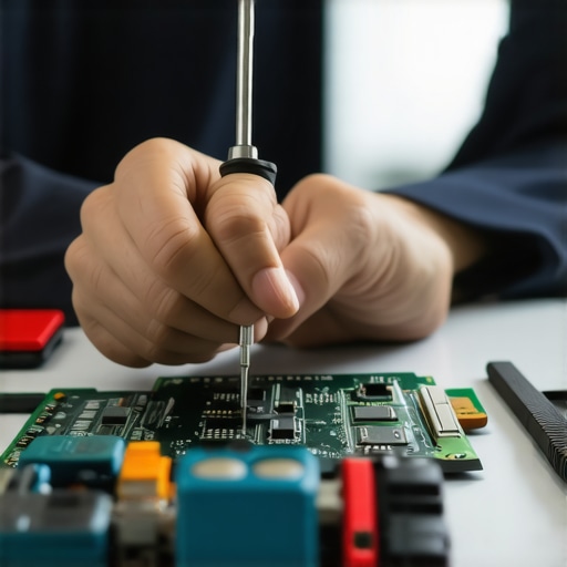 Technician working with screwdriver and diagnostic tools on a computer